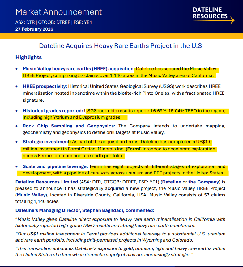$DTREF Big news, Dateline aquired a heavy rare earth project! research.iress.com.au/IDS/old/202602…