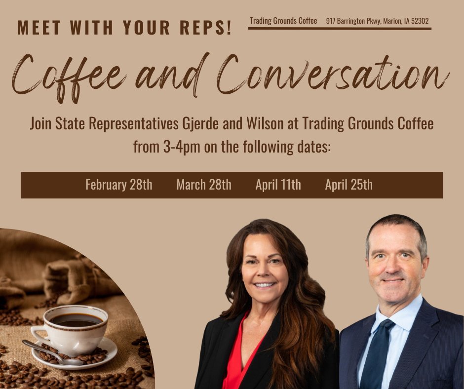 Representative Elizabeth Wilson and I will be at Trading Grounds Coffee this Saturday, February 28th for our first "Coffee and Conversation" of the 2026 Legislative Session. We will be there from 3 pm to 4 pm. We would love to hear from you on the issues that matter most to you.