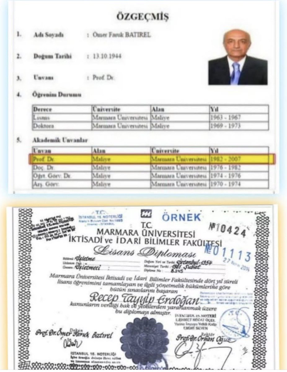 CB’nı Erdoğan’ın diplomasında imzası bulunan Prof.Dr.Ömer Faruk Batırel 1982 yılında profesör oldu.

Ancak Erdoğan’ın diplomasını 1981 yılında “profesör”olarak imzalamış!!

Koskoca ülkede bir savcı yok mu sorsun bu nasıl oldu diye?