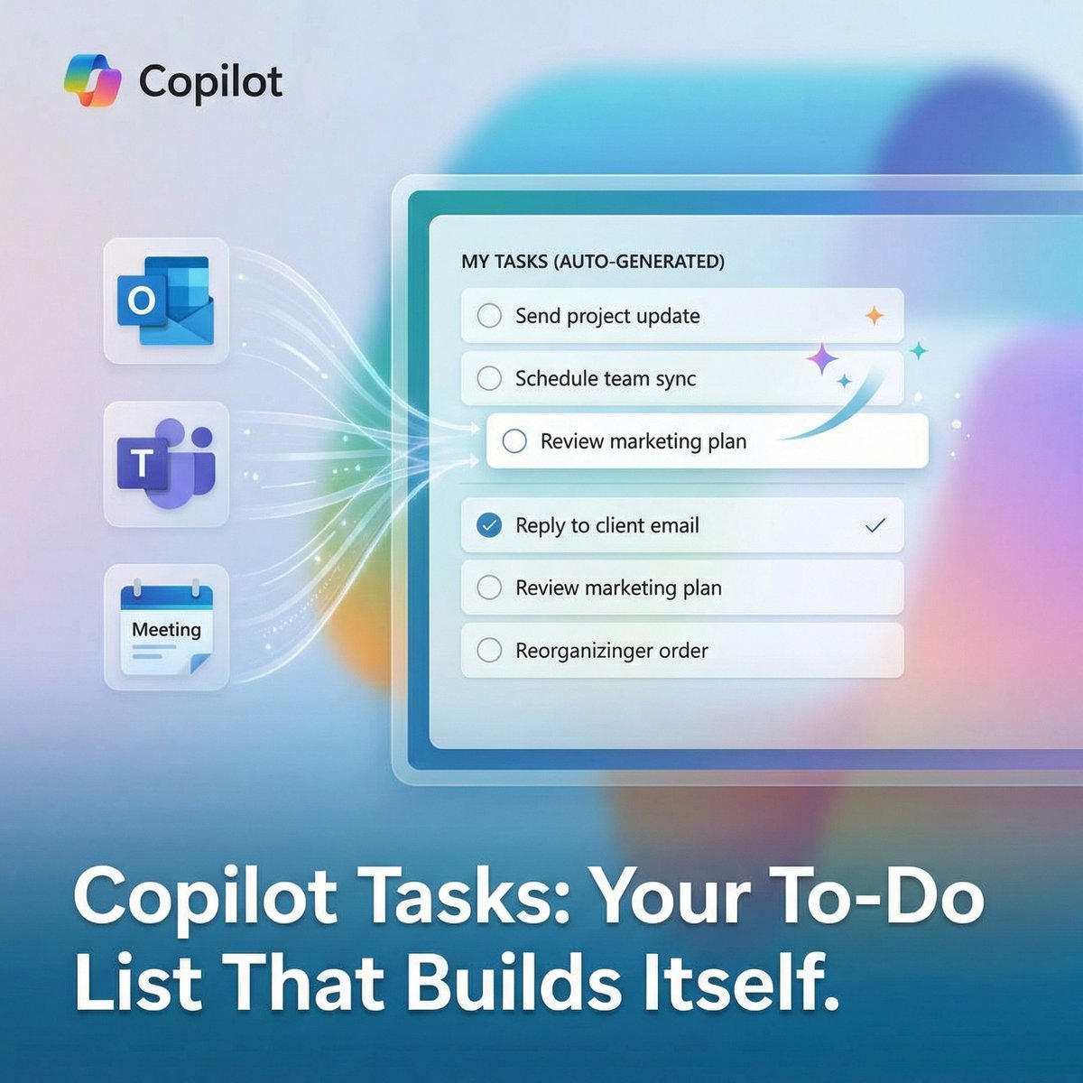 WindowsCentral's tweet photo. Announced: Copilot Tasks

Microsoft just rolled out Copilot Tasks (limited testing), a new AI-powered tool that can build and update your to‑do list automatically, and it’s already one of the more interesting Copilot additions this year. 

Copilot can pull action items from your emails, chats, and meetings, turn them into organized tasks, and keep them updated without you having to babysit anything. 

It can even generate full task lists from a simple prompt and surface what needs attention based on urgency and context. 

It’s meant to cut down on the repetitive work of typing, sorting, and tracking tasks so you can actually focus on getting things done. (1/2)