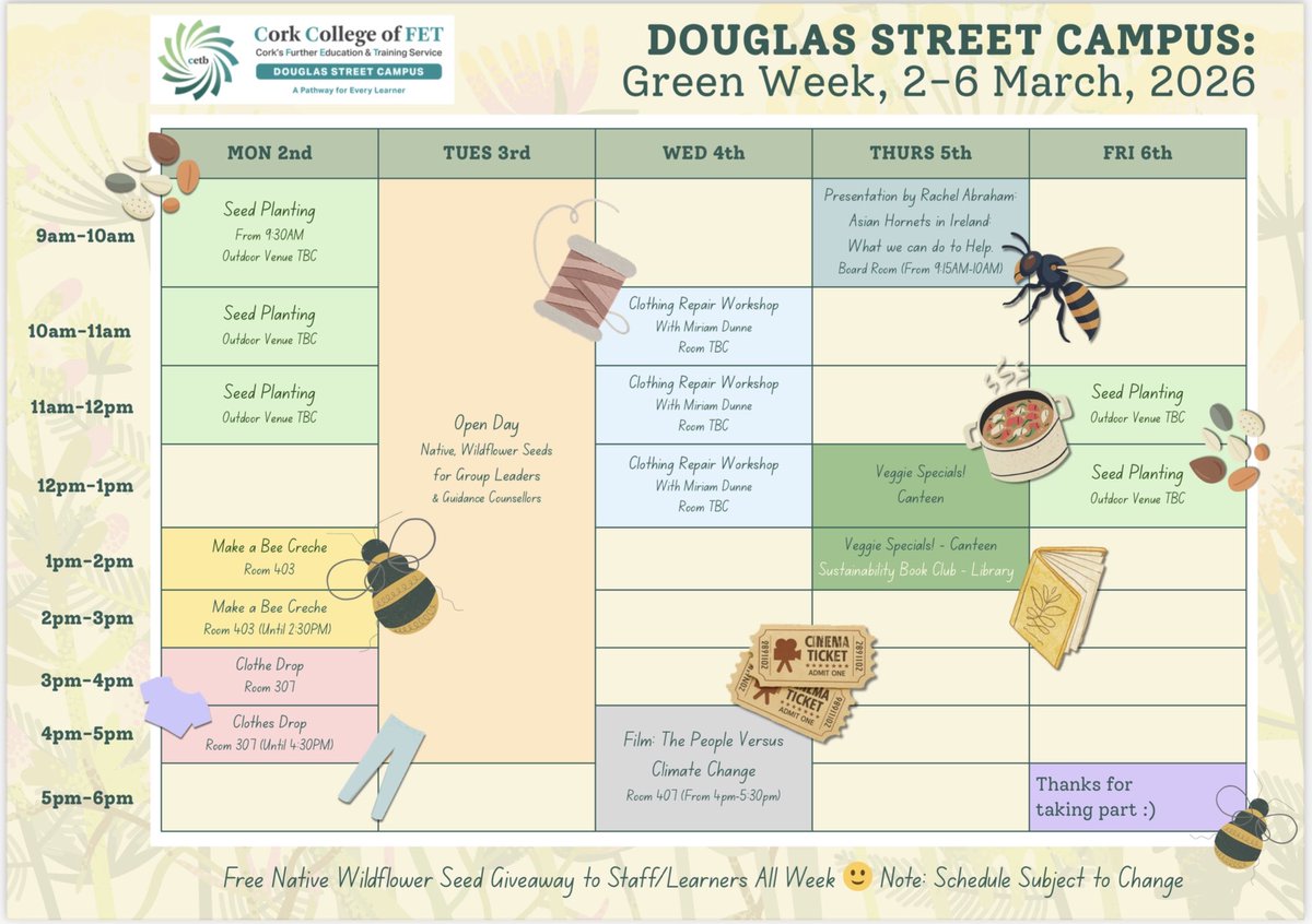DouglasSt_CCFET's tweet photo. Douglas Street Campus Green Week takes place 2nd-6th March. Come along and see for yourself. #greenweek #seedplanting #sustainability #clothingrepairs
@GreenCampusIE @greenspacescork @CorkETB @ThisisFet @corklearning @BioDataCentre @ETBIreland @elmarie96 https://t.co/UA8LVNGVTc