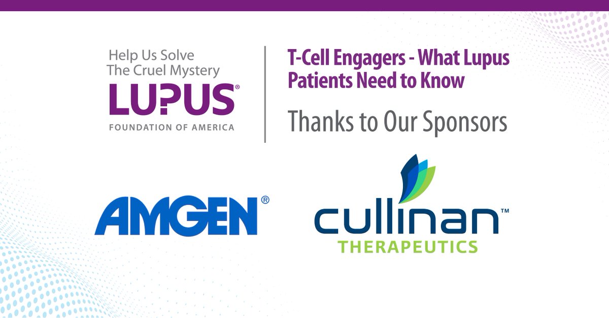 LupusOrg's tweet image. 💜 We want to thank our sponsors for supporting our T-cell Engagers webinar and helping advance the future of #lupusresearch. A big thank you to @Amgen and @CullinanTx for their support.

🎥 Watch the full webinar and learn more: buff.ly/47Zhfjv