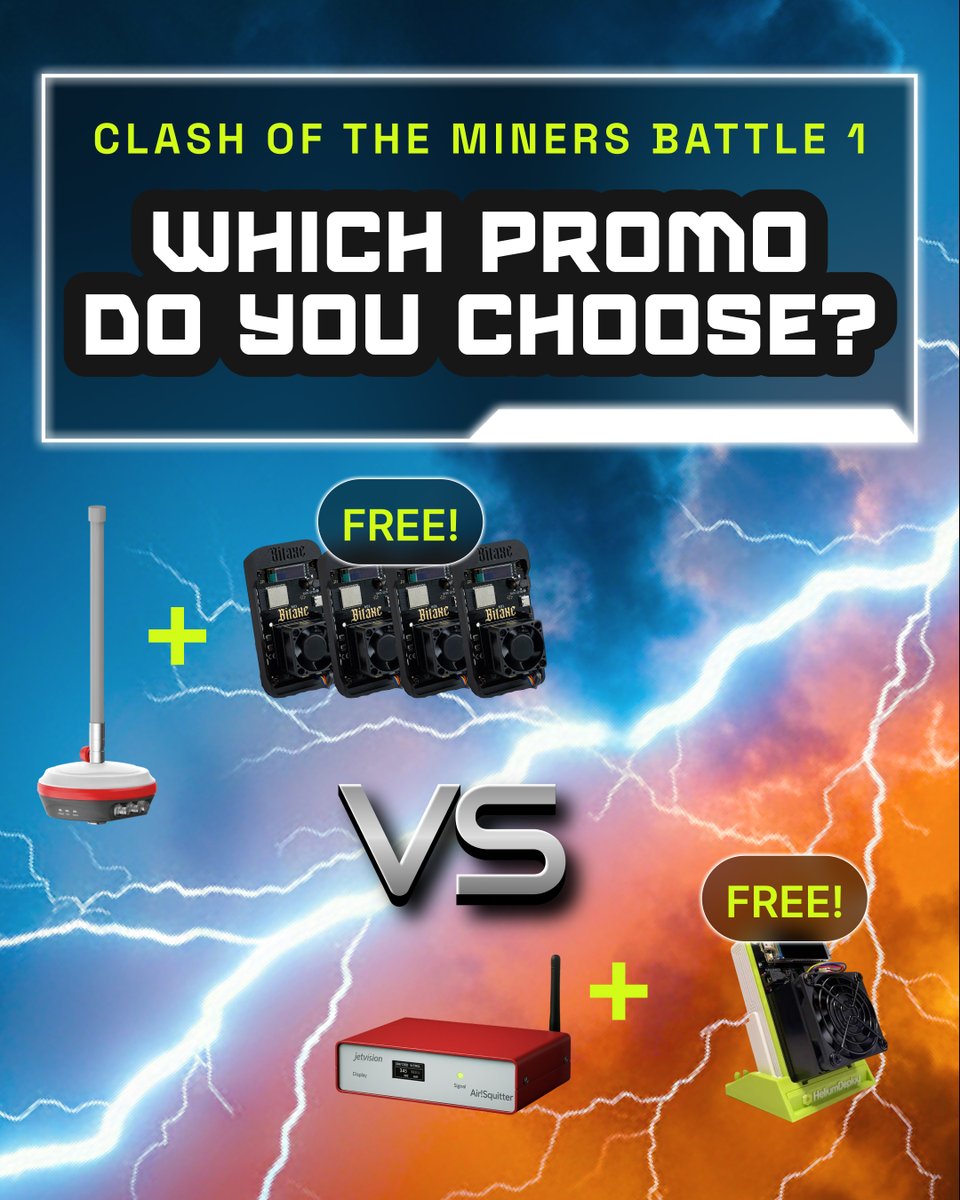 Heliumdeploy's tweet image. Clash of the Miners - Battle 1 

Which Promo Are You Choosing👇

🅰️ Buy a Wingbits MGW310
→ Get 4 Bitaxe Gamma V1s FREE
🅱️ Buy a 4DSKY Airsquitter
→ Get a Hammer Miner DC02 FREE

#BitcoinMining #Helium #Crypto