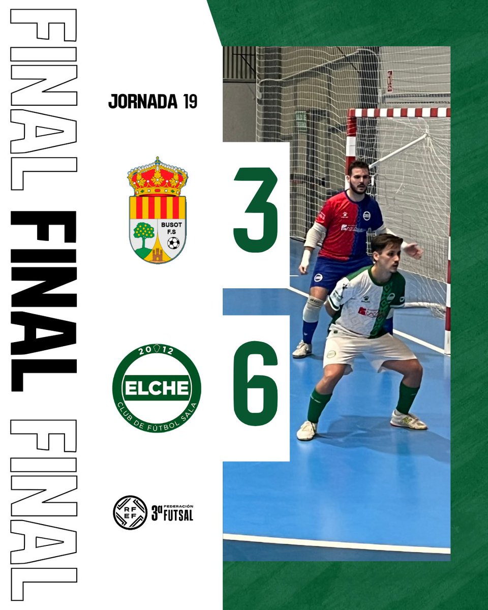 elchecfsala's tweet photo. ✅ 𝗙𝗜𝗡𝗔𝗟 | Jornada 19

3️⃣ @busot_fs 
6️⃣ 𝗘𝗹𝗰𝗵𝗲 𝗖𝗙𝗦 

⚽️⚽️ Aaron Carrasco
⚽️⚽️ Noel Oliver
⚽️⚽️ Aaron Berna

#ElcheCFS💚🤍 https://t.co/oivBKQJSk1