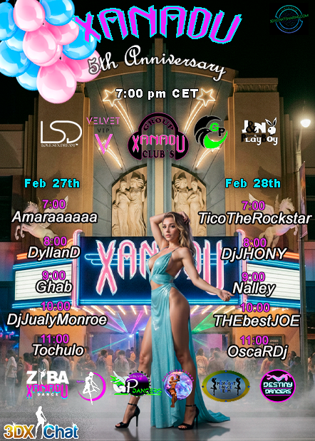💥 ＸＡＮＡＤＵ™ ＩＳ ＢＡＣＫ 💥
After almost 2 months… we return stronger than ever.
🔥 February 27 &amp; 28
🔥 Double celebration of Xanadu’s 5th Anniversary in <a href="/3dxchat/">3DXChat</a>.
Two epic nights, one energy. Are you ready?
#Xanadu #3DXChat #AnniversaryParty