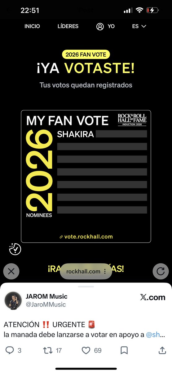 ATENCIÓN ‼️ URGENTE 🚨 
Acabo de votar en la votación de fans 2026 del Rock &amp; Roll Hall of Fame. vote.rockhall.com/es/share/nomin… #RockHall #FanVote.