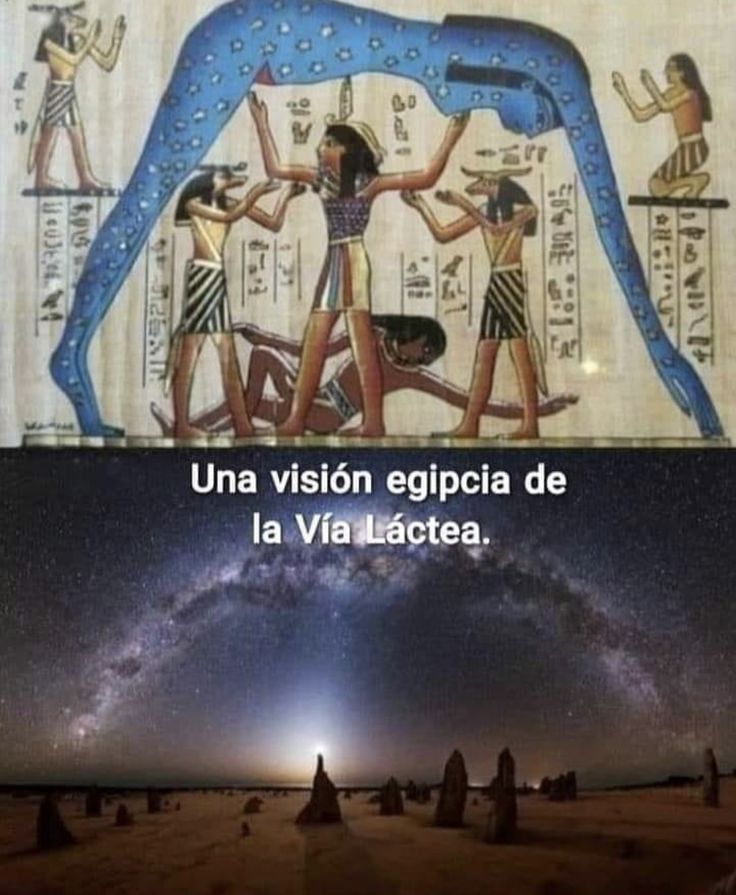 EnsedeCiencia's tweet photo. Esta imagen ilustra la interpretación cosmológica de los antiguos egipcios sobre el cielo y la Vía Láctea. La figura arqueada representa a NUT, la diosa del cielo; debajo de ella se encuentra GEB, el dios de la tierra, separado por el dios del aire SHU. https://t.co/pogzW4bDkE