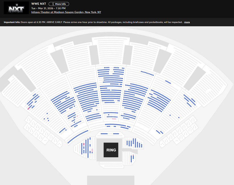 WrestleTix's tweet photo. WWE NXT Roadblock
Tue • Mar 31, 2026 • 7:30 PM
Infosys Theater at Madison Square Garden, New York, NY

Available Tickets: 1,279
Current Setup: 2,490
Tickets Distributed: 1,211

📈 +106 since the last update (7 days ago)
📅 Days until show: 33
🔢 Total # of seats on map: 5,109
⏮ 11/18/2025: NXT Live on the CW 3,047
💰 Resale: 12
💵 Cheapest Ticket Available (Standard Admission): $50.75