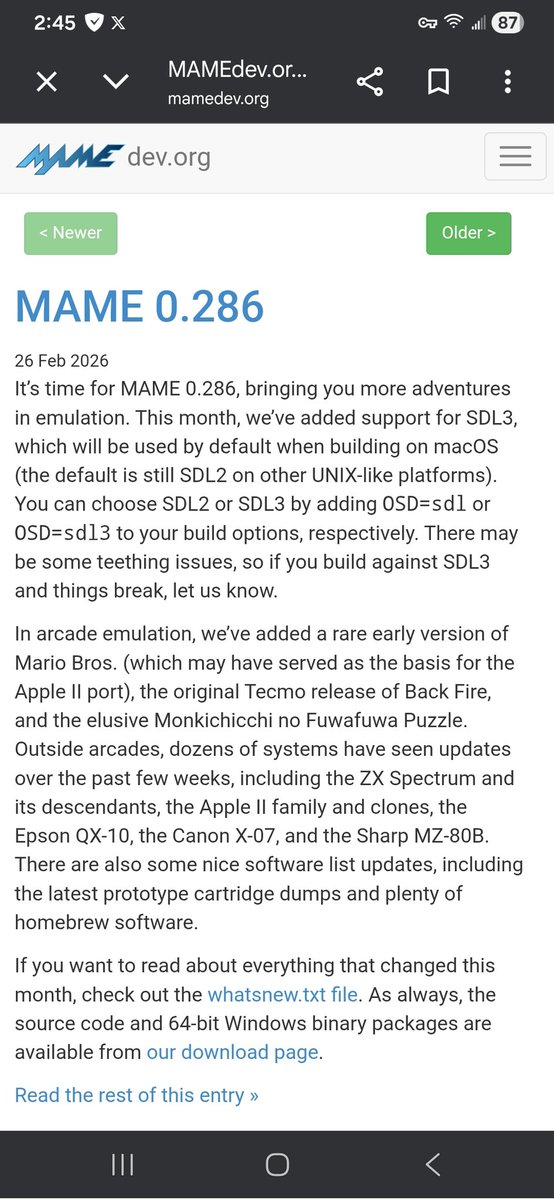 Well, the MAME 0.286 update dropped, so I'm going to busy putting that together. Thank you so very much for this, <a href="/mamedev_org/">The MAME Team</a>!