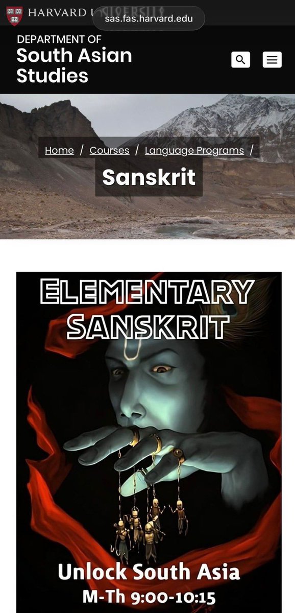 CoHNAOfficial's tweet photo. Blatant Hinduphobia and bigotry on display at @Harvard’s South Asian studies department.

A scene that feels straight out of a horror movie, starring a dark Hindu figure (notice the Tilak on his forehead) dangling some sort of ghostly figurines in his hands. 

This is how students are introduced to Sanskrit, one of most ancient languages that has given birth to classic literature, arts, music, and so much more. The mother of many languages around the world.

Hinduism’s sacred language is depicted in a dark, manipulative and oppressive manner - much like Hinduism itself.

@MittalInstitute @LN_Mittal