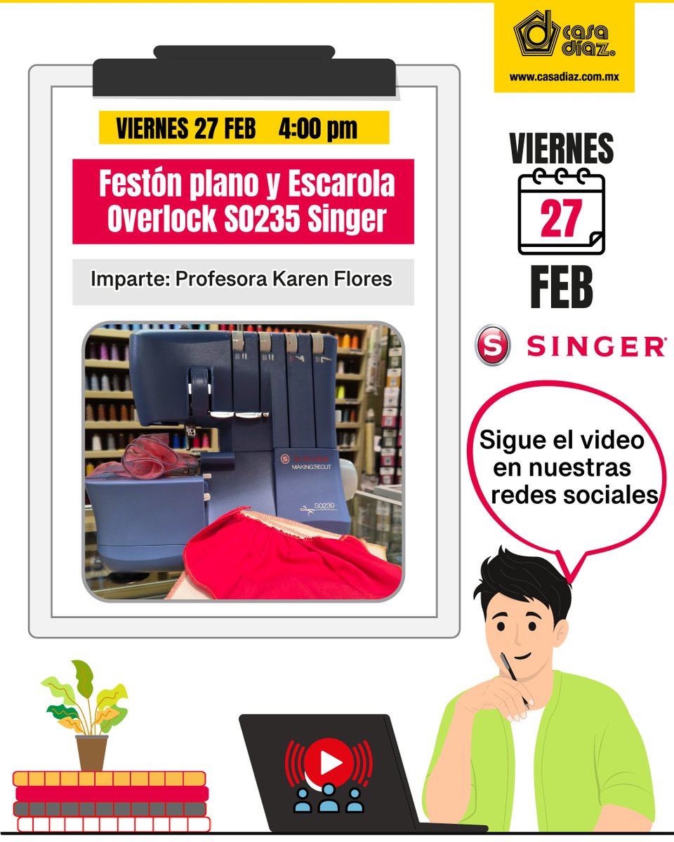 CasaDiazMX's tweet image. ⏰🧵 Tenemos una cita este jueves, aprende 2 métodos para hacer dobladillo de festón usando tu máquina overlock S0235 de Singer ✨

💡 Tips prácticos con resultados profesionales. 
🕓 A las 4:00 pm por redes sociales
#Costura #Overlock #Singer #Dobladillo #AprendeCostura