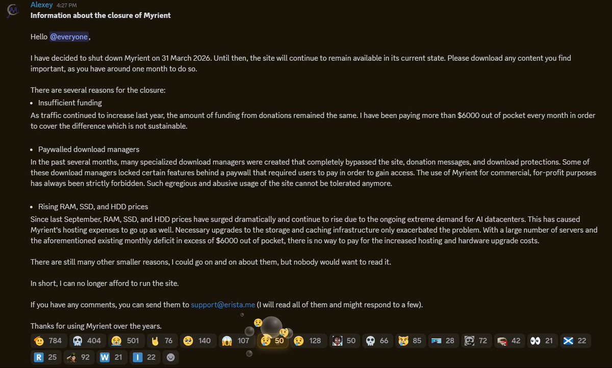 Myrient shutting down March 31st, 2026 :(

This is what AI and greed does.