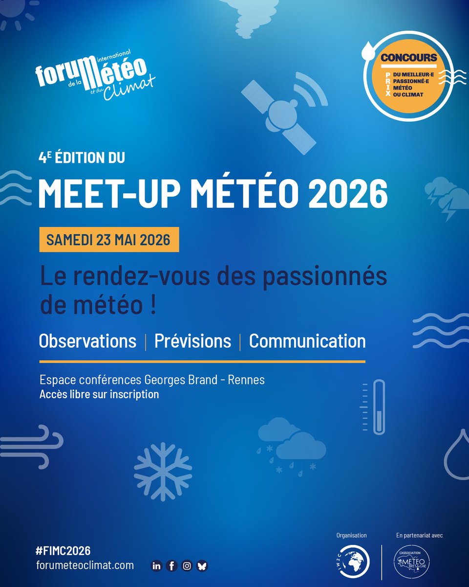 🌦️ La météo débarque à Rennes !

En partenariat avec <a href="/Forumeteoclimat/">Forum Météo Climat #FIMC2025 🌎</a>, le Meet-Up Météo 2026 se tiendra le 23 mai.

Passionnés, professionnels et présentateurs nationaux réunis pour une journée inédite en #Bretagne.

🎟️ Infos &amp; inscription :
 forumeteoclimat.com/meet-up-meteo-…
#FIMC2026