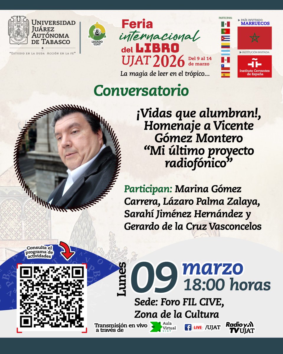 📚🎧 La FIL UJAT te invita al Conversatorio “¡Vidas que alumbran!”
En homenaje a Vicente Gómez Montero y su testimonio “Mi último proyecto radiofónico”.

📅 9 de marzo | 18:00 horas
📌 Foro FIL, CIVE

Acompáñanos a celebrar su trayectoria y pasión por la palabra.
