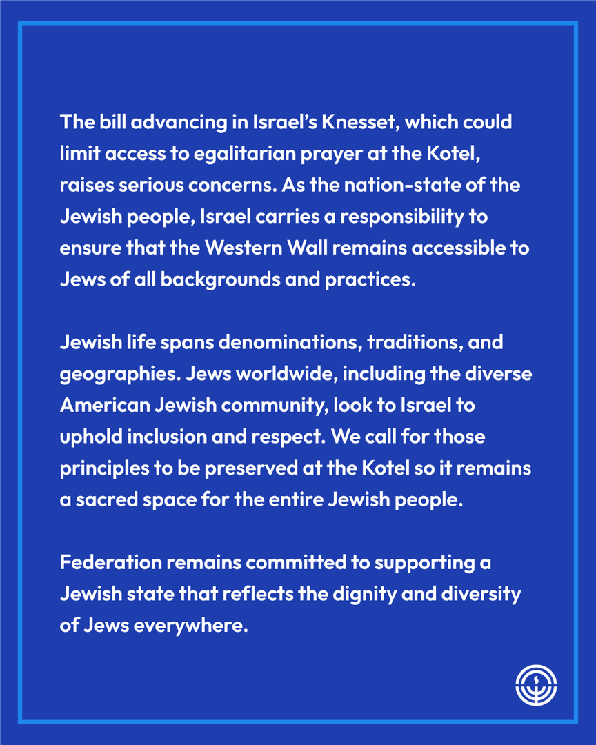 JFGW's tweet photo. Our statement in response to the bill advancing in Israel's Knesset regarding egalitarian prayer at the Western Wall. https://t.co/mgXLpltvaW