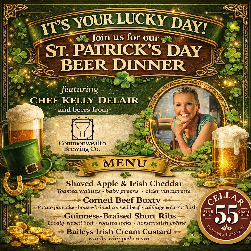 cellar_55's tweet photo. Wine of the Month, Wine Tasting, St. Patrick's Day Beer Dinner, Mahjong Games,  Wine Down Wednesday, Half Pice Draft Saturday - https://t.co/oQax7Rt2iN https://t.co/GAO8rZCQfZ