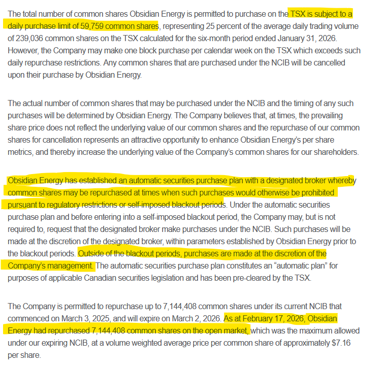 avionsunantiqu1's tweet photo. Obsidian Energy $OBE.TO to renew its normal course issuer bid (NCIB), to buy back up to 6,458,536 shares, starting on March 3/26 (next Tuesday).

OBE completed its last NCIB in about 5 months (bought 7,144,408).

They are expected to buy aggressively while the price is cheap. https://t.co/8jZsnlcJJJ