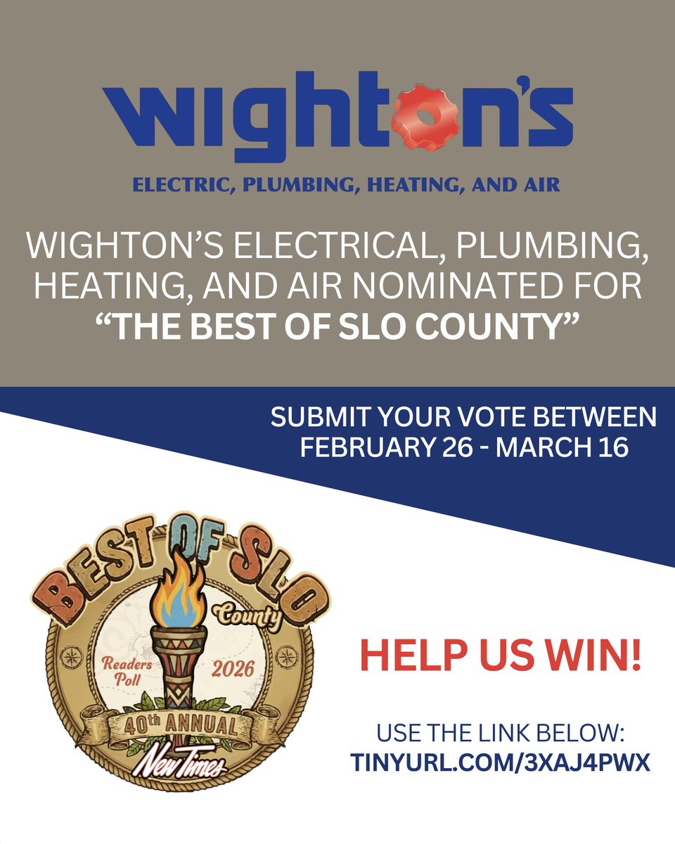 wighton_s's tweet photo. We Could Not Be More Proud to Be Nominated for The Best of SLO County!

Help us win by casting your vote for us between February 26th and March 16th using the link below:

https://t.co/Ec1ywchHKv

#slocounty #bestofslocounty #sanluisobispo #hvac #plumbing #electrical https://t.co/T6Mq24Lucs