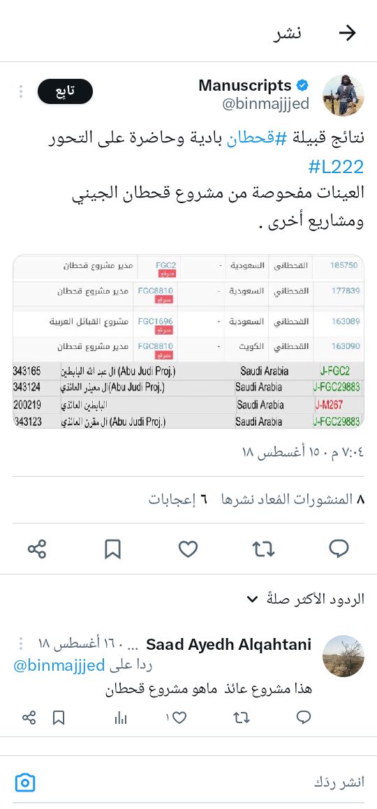 الشق اكبر من الرقعه عند قحطان ومع كذا يزيدون الشق 
كل شيء واضح وضوح الشمس 
قلنا لكم ياقحطان #عايذ_نجد ليسو منكم
ولكن لاحياة لمن تنادي
فتعديكم على انساب غيركم ضياع للانساب
واللي يوجع راسك درعمت دلوخ بني عايذ لانتسابهم لقحطان
x.com/i/status/10297…