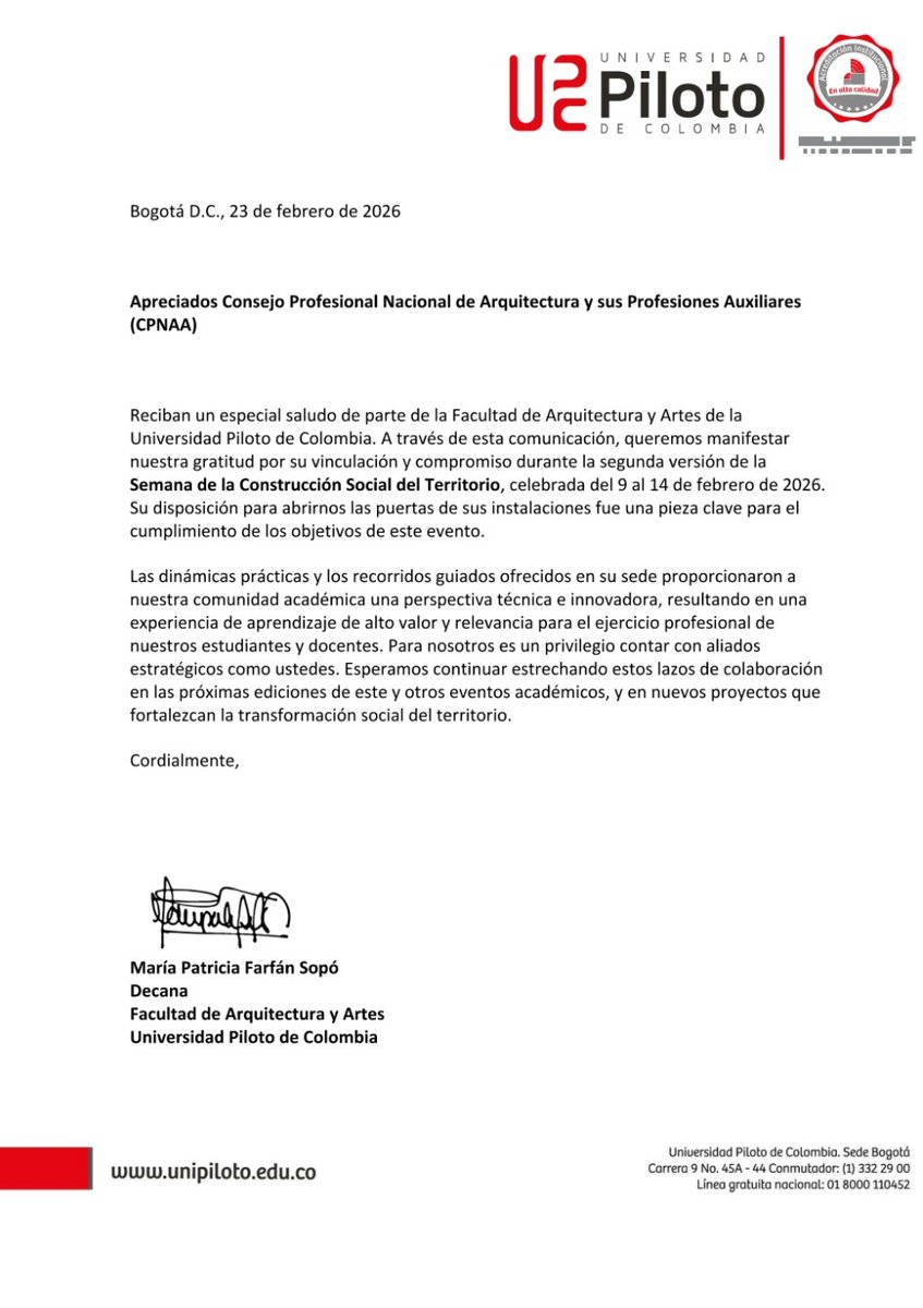 🏅Recibimos con satisfacción la carta de agradecimiento de la <a href="/UPilotoOficial/">Universidad Piloto de Colombia</a> por nuestra participación en la Segunda Semana de la Construcción Social del Territorio. Este #reconocimiento refuerza nuestro compromiso con la arquitectura y las profesiones auxiliares. #universidades