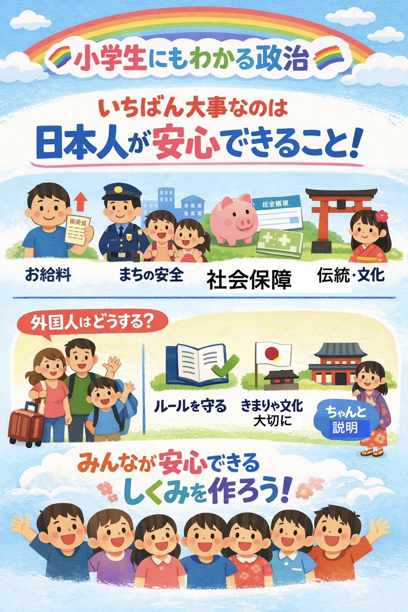 39santaisen's tweet photo. 日本人が安心できるルールかどうか です
🌈小学生にもわかる政治🌈
移民推進派？高市首相が特定技能2号。家族帯同。移民の定義？

ルール設計と感情
・お給料が下がらない
・犯罪や暴力行為など町の安全
・税金や社会ほけんが足りなくならない
・伝統や文化が守られること

ここがこわれると👇リプ欄へ https://t.co/JRUZWgBBwb