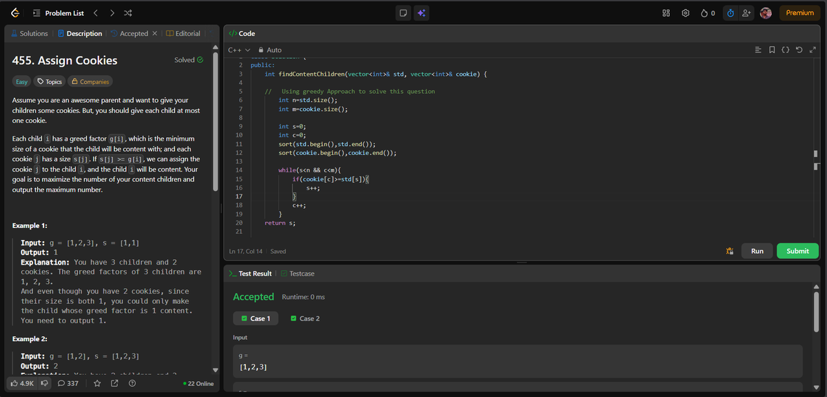 shivam21102005's tweet image. 🚀 Day 37/365 – #365DaysOfCodeSolved:
🍪 Assign Cookies
⏳ Minimum Average Waiting Time
🔹 Applied Greedy Strategy
🔹 Sorted inputs to make optimal decisions
🔹 Understood why smallest-first approach minimizes waiting 
#DSA #LeetCode #Greedy #ProblemSolving #Cplusplus #Coding