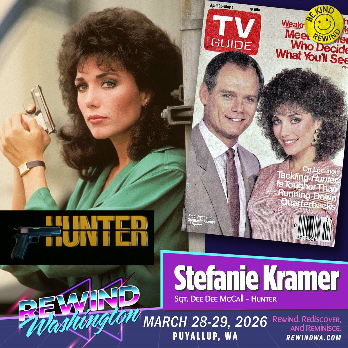rewindwa's tweet photo. We couldn't have Hunter without Dee Dee. Please welcome Stefanie Kramer to the first ever Rewind Washington convention on March 28th and 29th in Puyallup.

Stepfanie Kramer is best known for her iconic portrayal of the tough-minded Detective Sergeant Dee Dee McCall on the NBC police drama Hunter (1984–1990). She began her professional acting career in the late 1970s while still a student at the American Academy of Dramatic Arts. Early guest appearances included shows like Starsky and Hutch (1977), and she appeared in the comedy The Man with Two Brains (1983). In 1983, she joined the NBC sitcom We Got It Made as a series regular.

Her breakthrough came in 1984 when she was cast as Dee Dee McCall opposite Fred Dryer in Hunter. The series, which ran for seven seasons with Kramer starring in 130 episodes across six seasons. Her strong, no-nonsense performance as the dedicated detective helped make the show a hit. She was voted one of the "most beautiful women in the history of television" by TV Guide viewers in 1988. Kramer reprised the role in the 2003 TV movies Hunter: Back in Force and Hunter: Return to Justice.

Beyond Hunter, Kramer has continued acting in guest and recurring roles on series such as The Secret Circle (2011), CSI: Crime Scene Investigation (2000), and films including The Cutting Edge: Going for the Gold (2006) and The Crossing (2019). She has also written, directed, and produced for television.

Meet Stefanie Kramer Saturday and Sunday at Rewind Washington. She will be with us signing autographs, taking photos, and speaking on a panel at the show. Tickets for Rewind Washington are on sale now at https://t.co/R7r2jshvgT