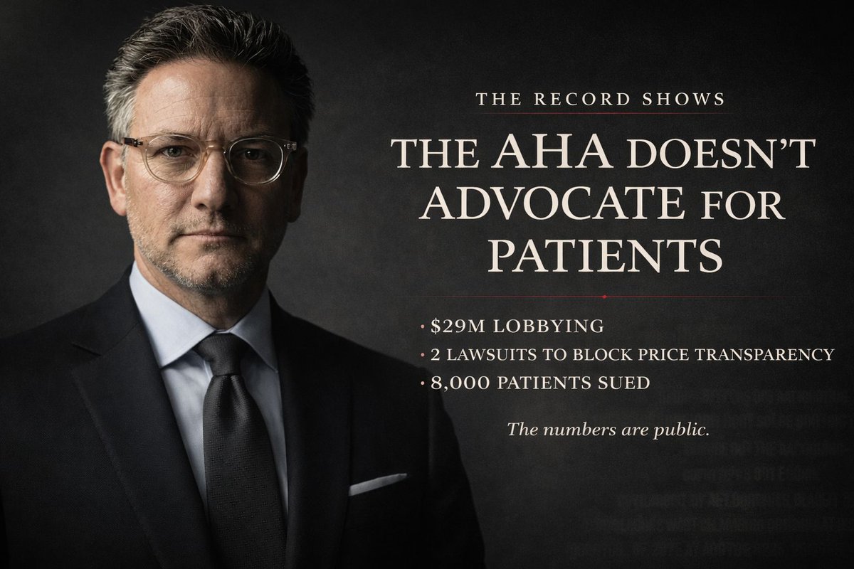 DutchRojas's tweet photo. The American Hospital Association has a simple job: protect hospital revenue from every reform that would reduce it.

Price transparency would reduce it. 
So they sued twice to block it. 
Lost both times.

Physician-owned hospitals would reduce it. 
So they lobbied for 15 years to keep them illegal. 
Still fighting.

Site-neutral reform would reduce it. 
So they're spending $7 million per quarter to stop it.

They're not a trade association with occasional conflicts. 
They're a lobby cartel with a communications team.