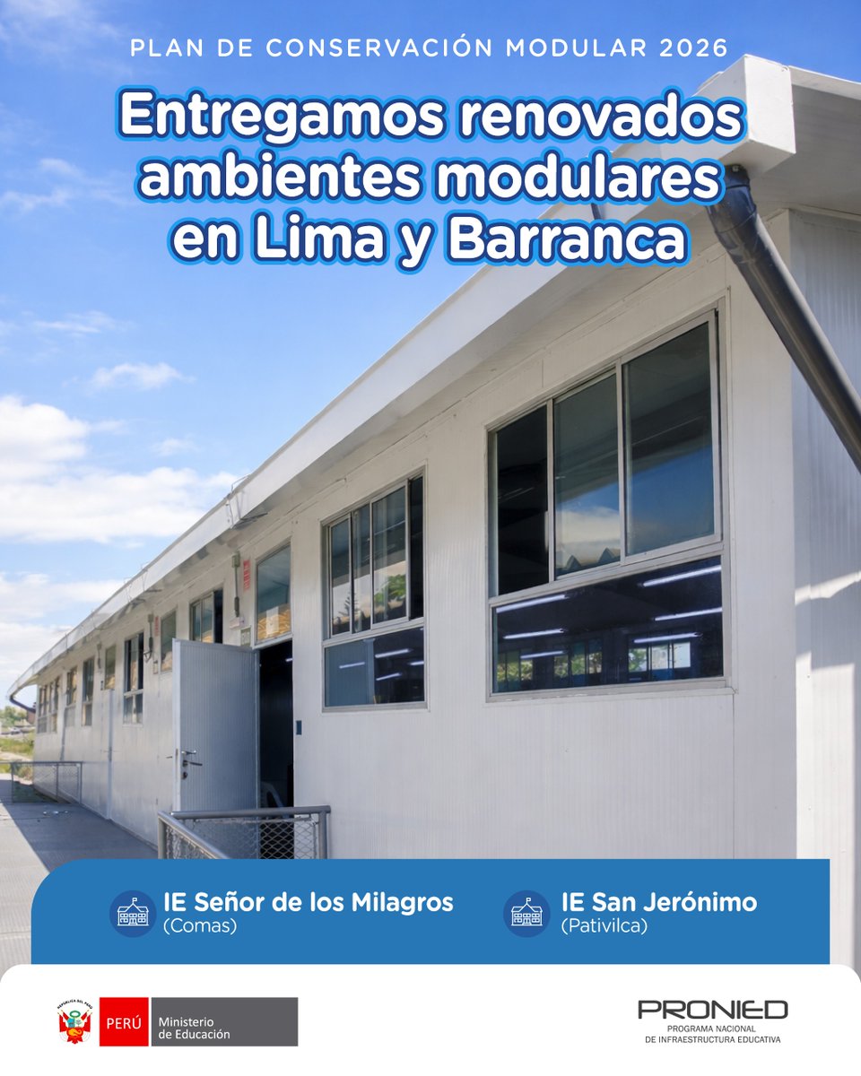 👨‍🏫 En el marco del Plan de Conservación Modular y del BIAE 2026, el #Pronied, a través de la Unidad Gerencial de Mobiliario y Equipamiento (UGME), 👨‍🔧 culminó la recuperación de ambientes modulares en #Pativilca y #Comas. 👌