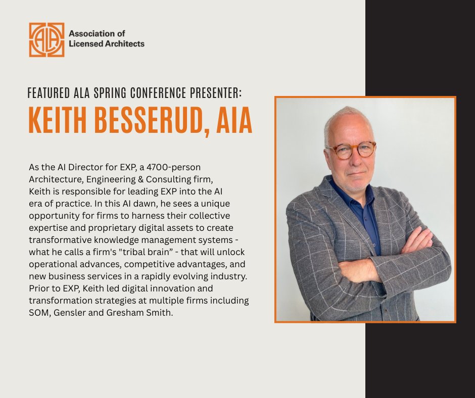Keith Besserud, AIA, AI Director at EXP, is joining us at the ALA Spring Conference! 🎉

His session, “Establishing AI Strategy for an AE Practice,” explores how firms can leverage AI-driven data for smarter, high-performance design.

Register today! ⬇️
shorturl.at/HxVGn