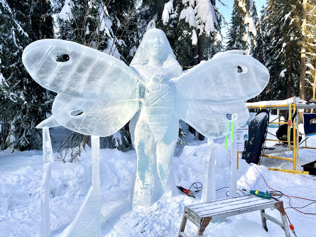 chapin1971's tweet photo. Day 3 and final day of the 2026 Ice Alaska World Ice Art Championships Double Block competition. Final  bell at 8 pm. Come down to the park to experience the magic ! Good luck to all of the artists. Stay warm! #icealaska #WIAC #worldiceartchampionships #icesculpture @icealaska https://t.co/m1Dv4q3Cmb
