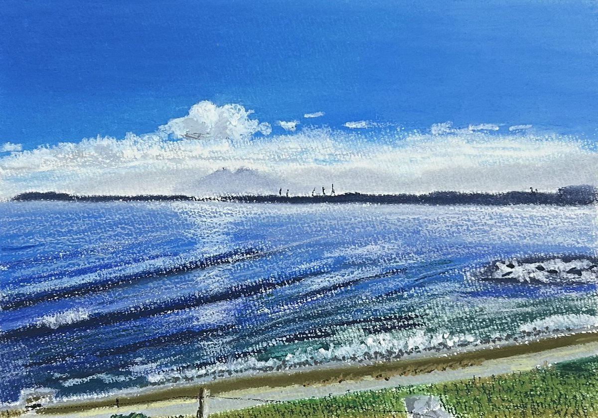 今日描いた絵 志賀海神社から見る海 （紙、オイルパステル）