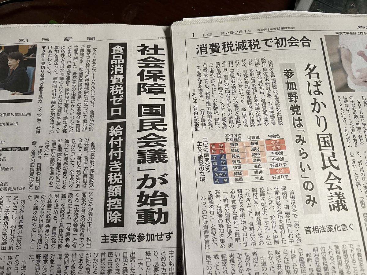 高市首相キモ入りの「国民会議」。

麗々しく報じる朝日（左）。
批判的な東京新聞（右）。

朝日の凋落ぶりが顕著だね。