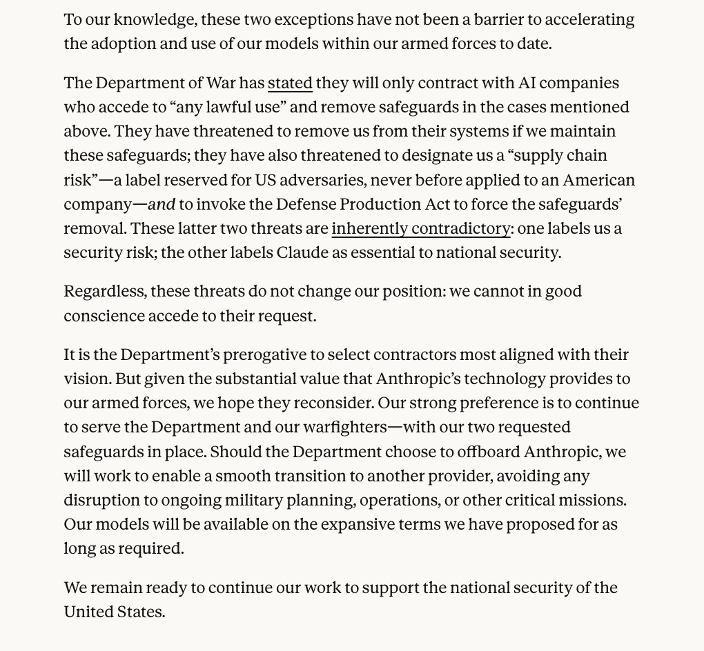 WASHINGTON (AP) — Anthropic CEO says AI company 'cannot in good conscience accede' to Pentagon's demands to allow wider use of its tech.