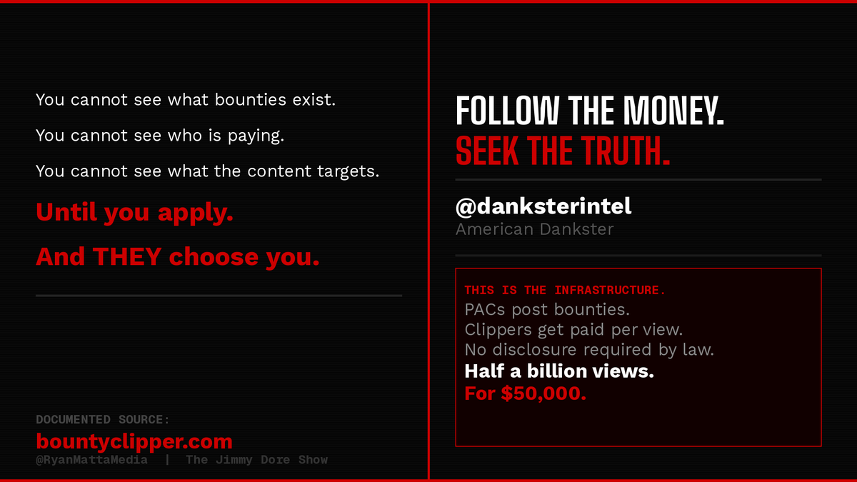 🔥 Let me explain how the influencer economy actually works. (X just limited my post because they dont want the truth told so maybe this one will get through)

There are sites called clipping sites.

A brand, a PAC, or an organization puts up a pool of money.
Call it a bounty.