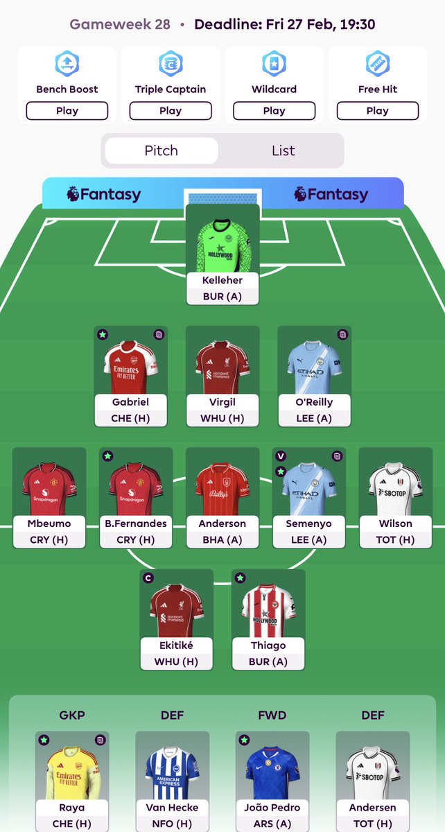FPL_Buck's tweet photo. ❗️🔒#GW28 TEAM LOCKED IN🔒❗️

                🫣HAALAND OUT🫣
A LOT of transfers made, decided NOT to WILDARD.

Transfers(-12):
Haaland->Ekitike
Cherki->Semenyo
D. Rice->Fernandes
Munoz->O’Reilly
Chalobah->Virgil

🧢 EKITIKE🧢

1.9m ITB

824k 🌎 

#FPL #fplcomunuity https://t.co/pQHdvtBws3