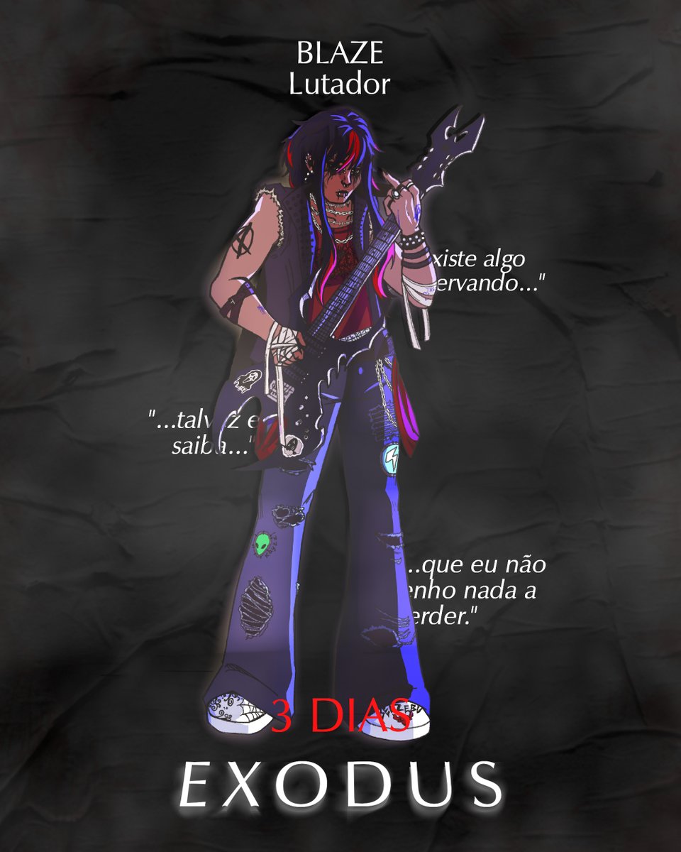 "Se existe algo me observando, talvez ele saiba que eu não tenho nada a perder."  

"BLAZE" será interpretada por <a href="/Milesrafa/">miles 🕷️</a> em EXODUS

Ao vivo no PALCO em discord.gg/colmeiadoabelha 

FALTAM 3 DIAS. #EXODUSRPG