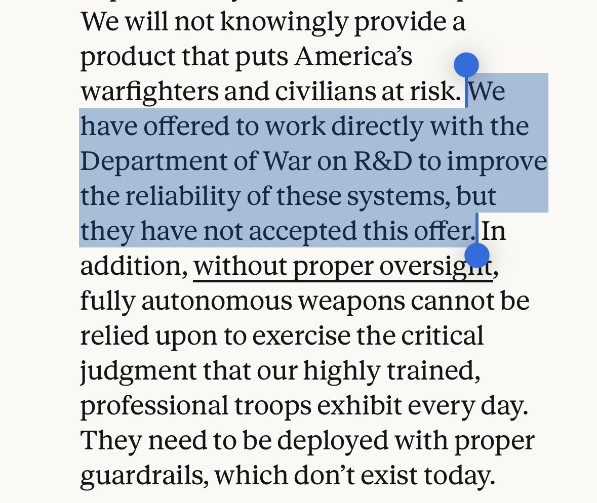 it’s official - Anthropic just refused the Pentagon’s demands, dario’s statement is doesn’t fuck around:

- “these threats do not change our position: we cannot in good conscience accede to their request.” - dario 

- he described the pentagons efforts to force him to enable