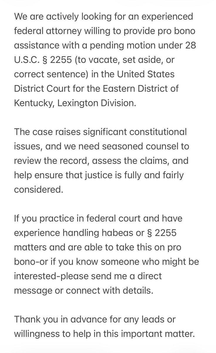 Justice4Douglas's tweet photo. ****Seeking Pro Bono Federal Counsel for Post-Conviction Matter****
#ProBono #FederalLitigation #HabeasCorpus #PostConviction #LegalAid #ConstitutionalLaw
#KentuckyBar https://t.co/te7BpITNs1