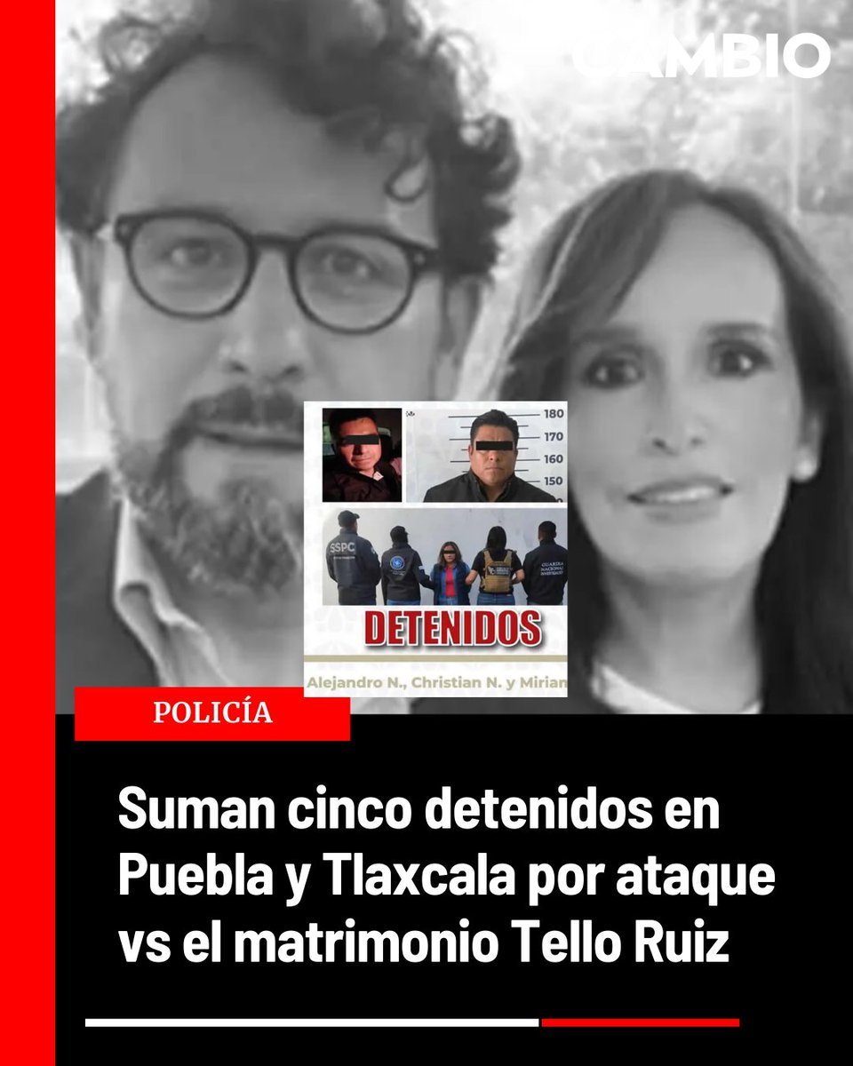 🚨Suman cinco detenidos en Puebla y Tlaxcala por asesinato del matrimonio Tello Ruiz

Ya son cinco los sujetos detenidos por las fiscalías de Puebla y Tlaxcala por la desaparición y asesinato del matrimonio Tello Ruiz, así lo confirmaron ambos organismos a través de sus