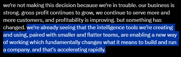 StackerSatoshi's tweet photo. Jack just announced that Block is cutting around 40% of their workforce and stated that it is because AI has fundamentally changed what it means to build and run a company.

Their stock is up +25% on the news.

Other companies will be taking notes ... https://t.co/tI6Zf9csly