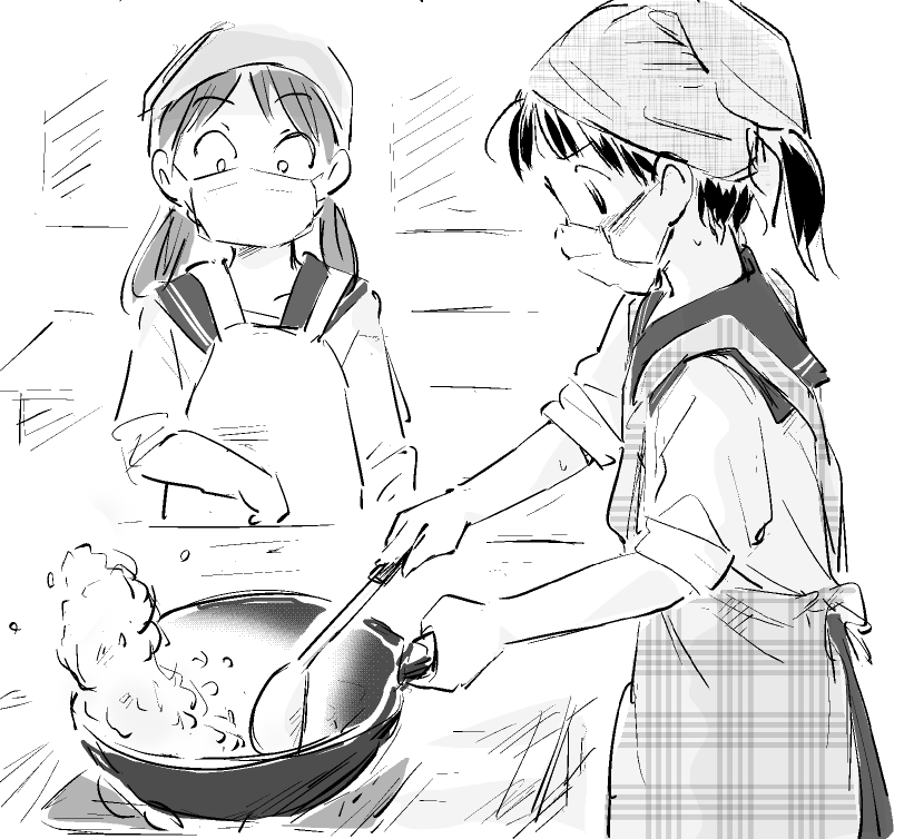 家庭科の授業(調理実習)をテーマにした過去絵4点 