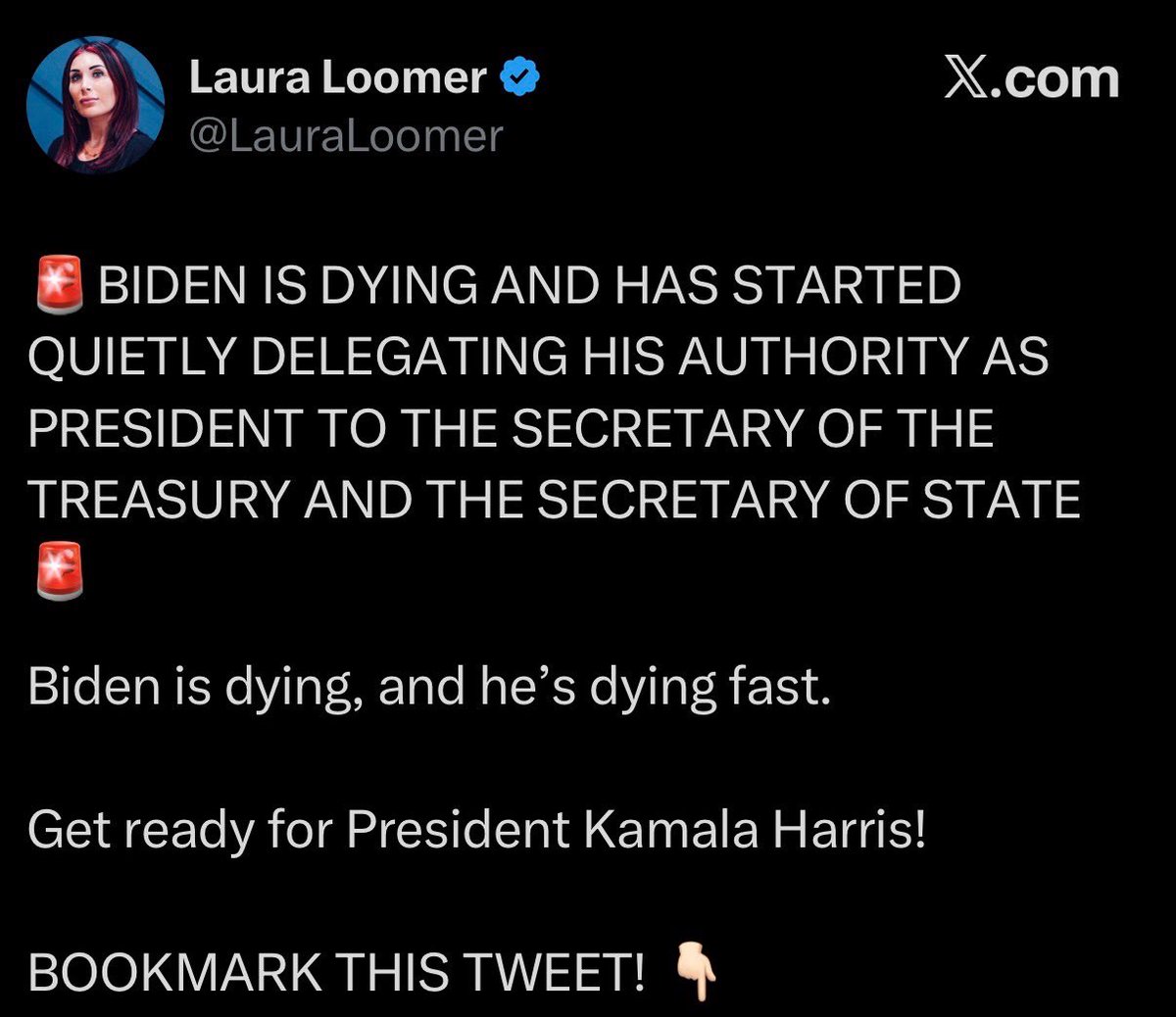 Remember when <a href="/LauraLoomer/">Laura Loomer</a> spent days claiming Biden was “dying fast,” telling everyone to trust her and bookmark her tweets.

WELL, I DID. 

And now she’s accusing me of spreading lies and threatening to sue me.

How mentally unwell can someone possibly be?