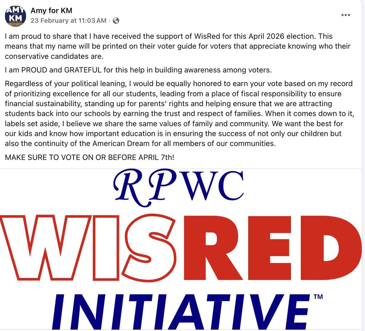 jnorcr's tweet photo. We are seeing some cringe-worthy canned messaging from #WISRED / GOP-backed candidates for school board in #Waukesha County.
It has that sort of "you-will-go-and-post-this-message-now-or-else" vibe.
--
#StopWISRED #TheSillyParty #KettleMoraine #Merton #Delafield #Wisconsin
1/2 https://t.co/F40VVNVnak