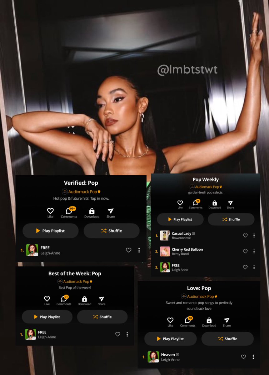 LMBTSTWT's tweet photo. Leigh-Anne Pinnock being number #1 on the charts for verified pop music, being number  #1 on the charts for best pop music of the week, being number #1 on the charts for love pop music and being number #3 on the charts for pop weekly. What a queen 👏🏼 https://t.co/NSmK2yDueF