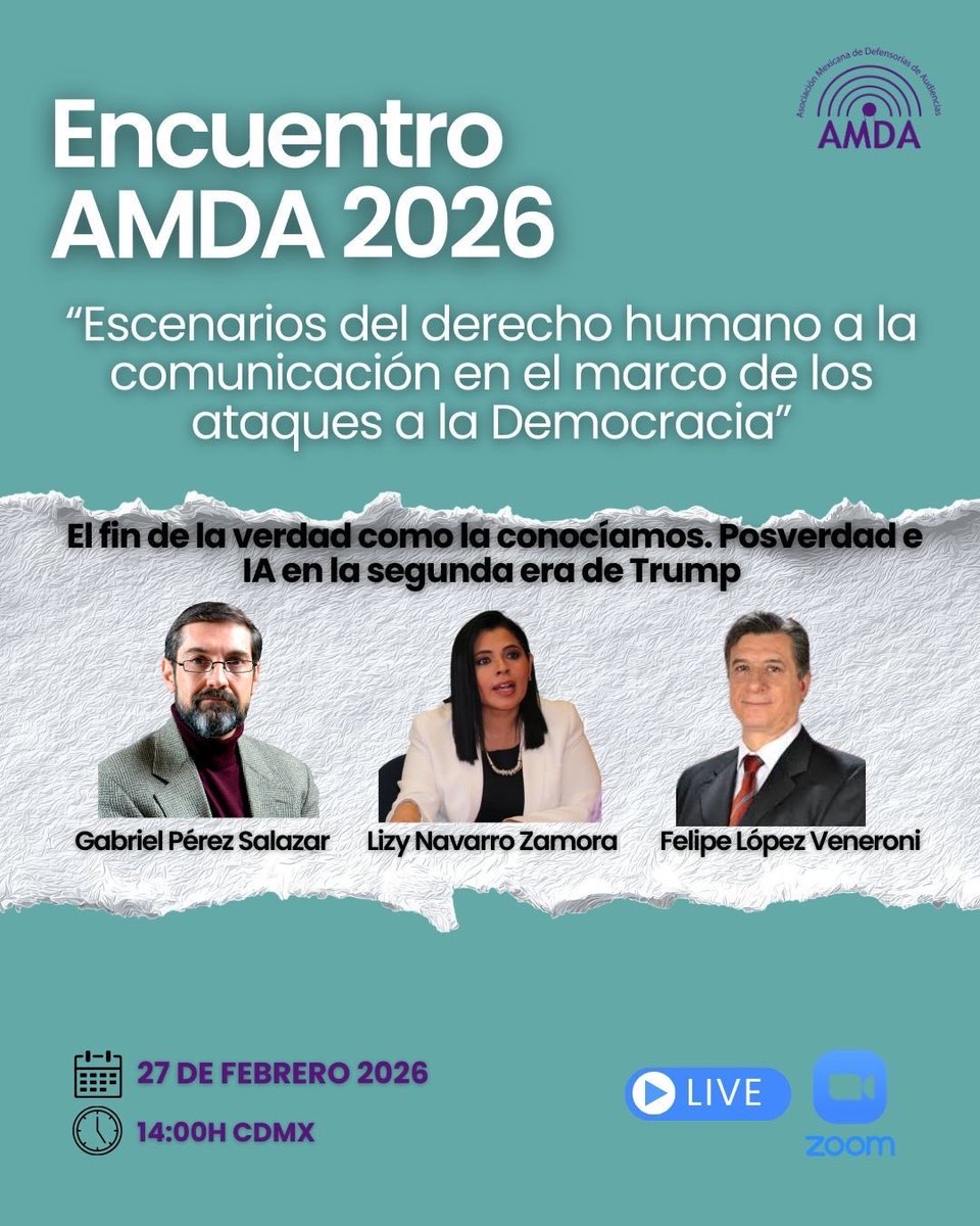 #Tecnología #DerechosHumanos #DerechosDeLasAudiencias son los temas que revisaremos este 27 de febrero, a las 14 h. en el #EncuentroAMDA2026 
Modera <a href="/BrunoHdzLevi/">Bruno Hernández Levi</a> 
Participan <a href="/gabrielperezsal/">Gabriel Perez Salazar</a> <a href="/LizyNavarro/">Lizy Navarro Zamora</a> y <a href="/tantricum/">Felipe Lopez V ॐ</a> 
¡Te esperamos! Link en bio