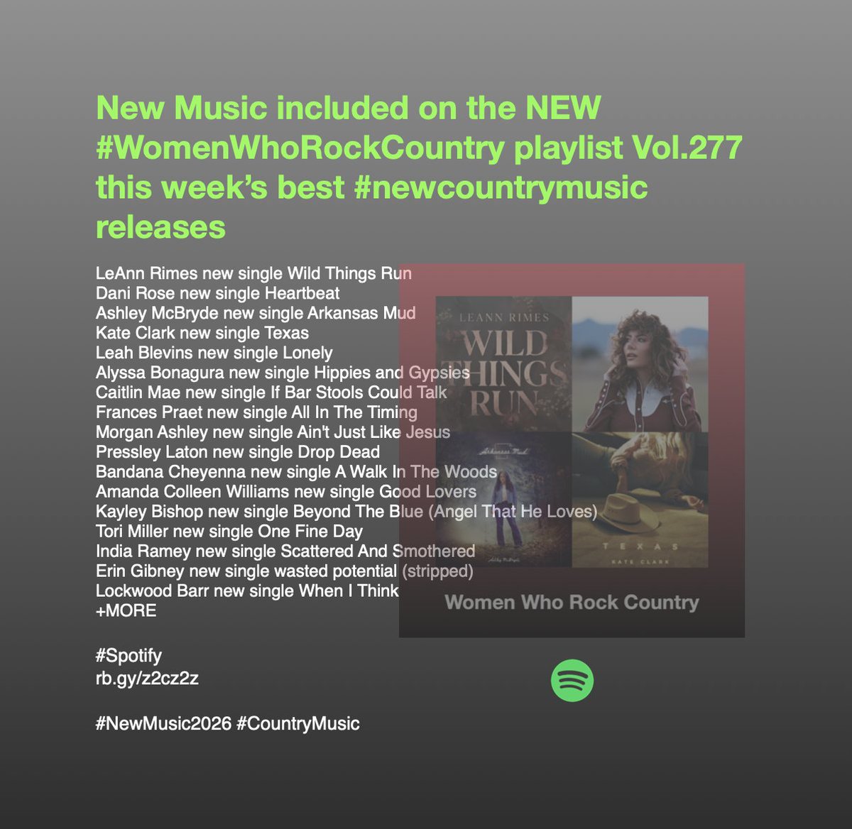 New Music included on the NEW #WomenWhoRockCountry playlist Vol.277 this week’s best #newcountrymusic 
<a href="/LeahBMusic/">Leah Blevins Music</a>
<a href="/alyssabonagura/">Alyssa Bonagura</a>
<a href="/caitlinmaemusic/">Caitlin Mae</a>
<a href="/FrancesPraet/">Frances Praet</a>
<a href="/morganashleyd/">Morgan Ashley</a>
<a href="/pressley_laton/">Pressley Laton Music</a>
<a href="/bandanacheyenna/">Bandana Cheyenna</a>
<a href="/AmandaCWilliams/">Amanda Colleen Williams</a>

#Spotify
rb.gy/z2cz2z

#CountryMusic