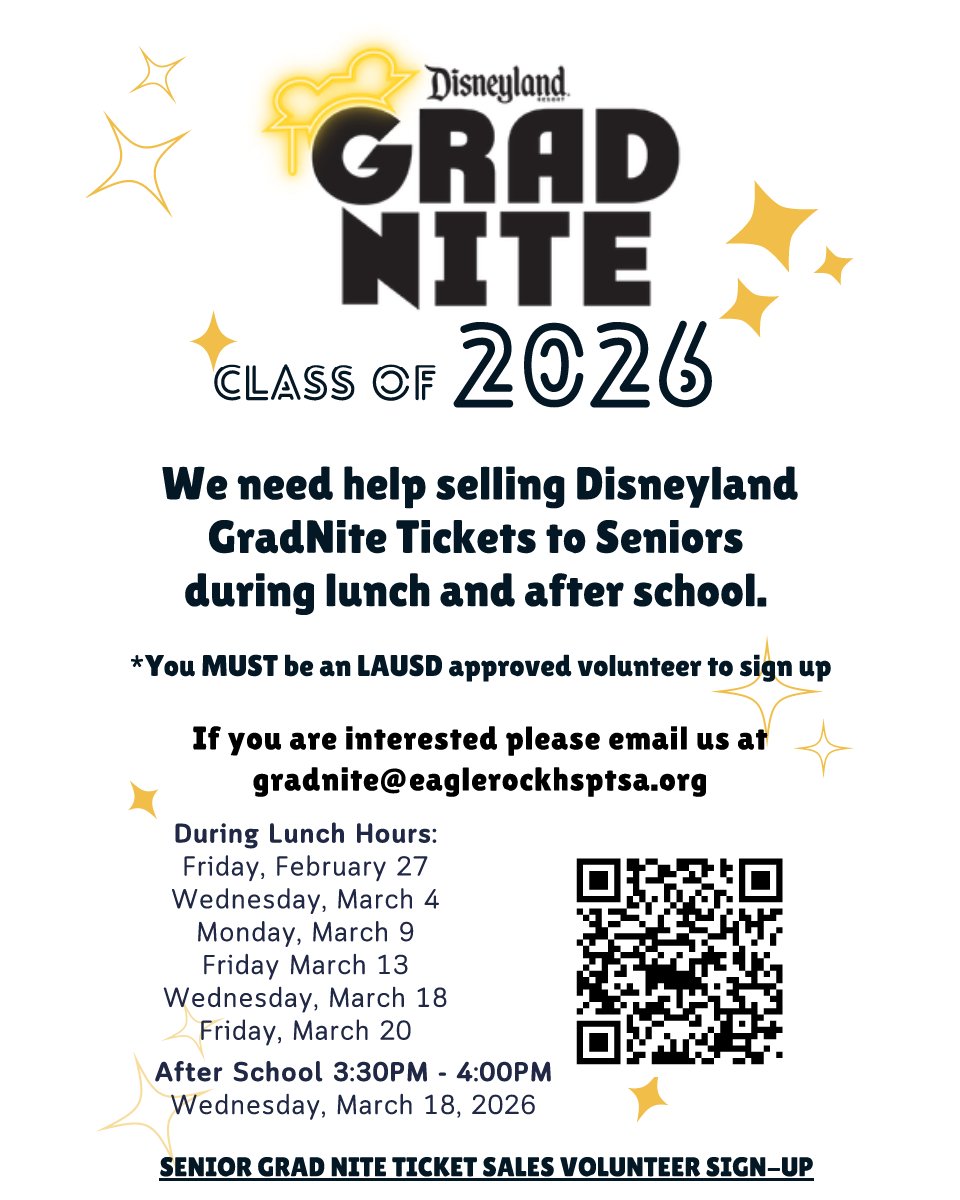 ERJrSrHighPTSA's tweet photo. Volunteer Opportunities: Grad Nite Ticket Sales during lunch and after school. If interested, please email us and use our Sign-Up Genius link to find a time slot that is convenient for your schedule. *You MUST be an LAUSD-approved volunteer to sign up.  https://t.co/j3g4kRMONU https://t.co/nI7vR2Aq6Y