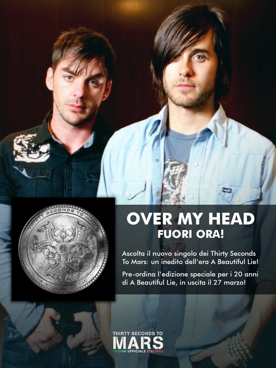🌑 OVER MY HEAD - FUORI ORA!

Il nuovo singolo dei Thirty Seconds To Mars, Over My Head, è disponibile adesso ❤️‍🔥

Si tratta di un altro dei tre inediti dell'era ABL che saranno inclusi nella nuova edizione dell'iconico album per festeggiare i 20 anni di A Beautiful Lie 🌹