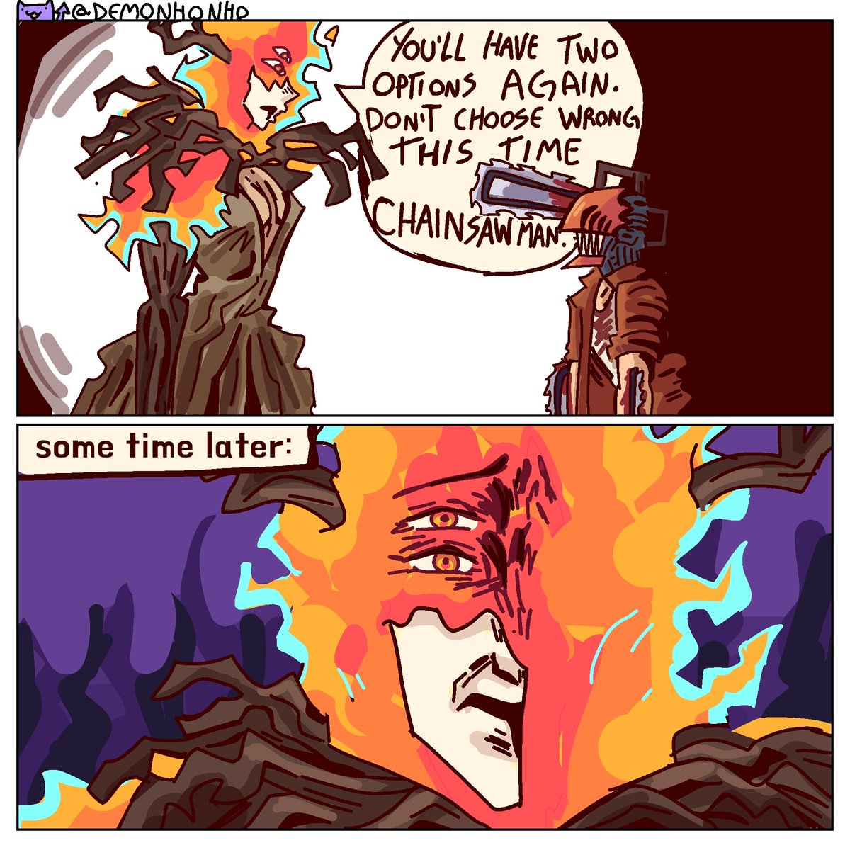 Demonhonho's tweet photo. "How the hell did you manage to make everything worse, chainsawman?"
#firedevil #denji https://t.co/eBJqJ38Wtj